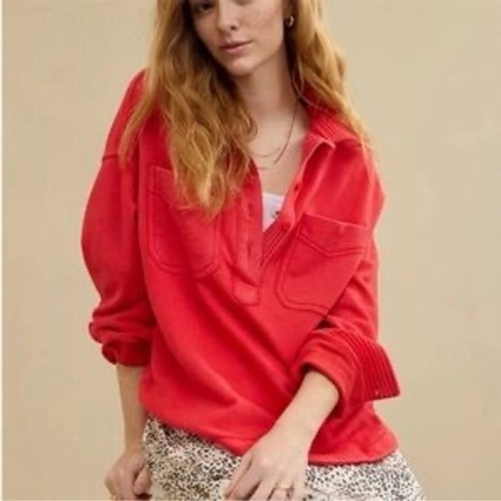 Aerie Real Me Red Henley Sweatshirt Oversized French Terry Pullover Medium